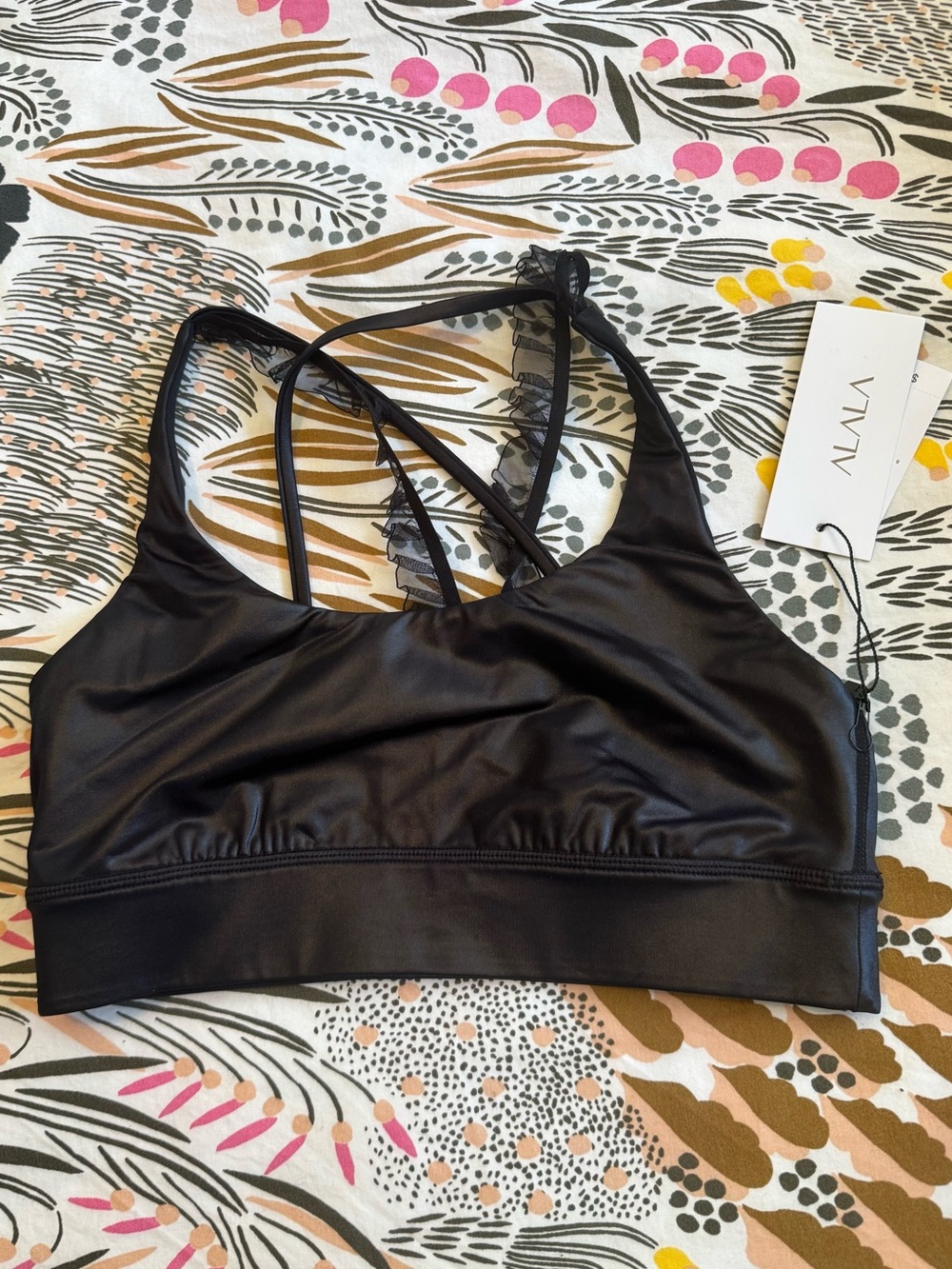 NEW Alala Ribbon Sports Bra Liquid Black Cross Over Ruffle Size XS NWT